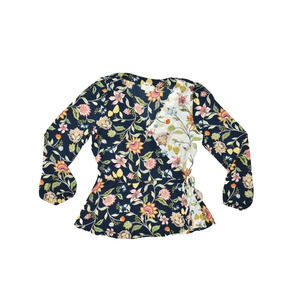 LOFT Outlet Floral Wrap Top Navy Blue Size XS Long Sleeve V-Neck Peplum Waist Bl